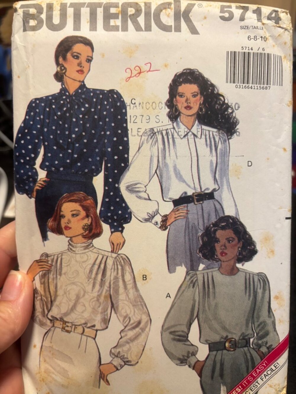 Butterick 5714 Misses Blouse Sewing Pattern Sizes 6-8-10 1991 Four Styles